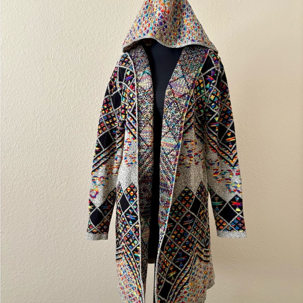 Rainbow Geometric Southwest Knit Open Cardigan 2X Crocheted Hooded Long Sweater - Picture 3 of 10